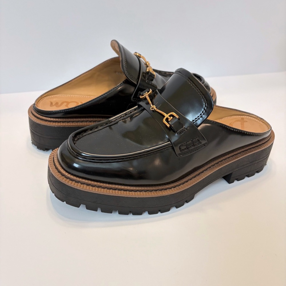 Sam Edelman Lennon Black Horse Bit Mule Platform Lug Sole Loafer Slide 8.5M